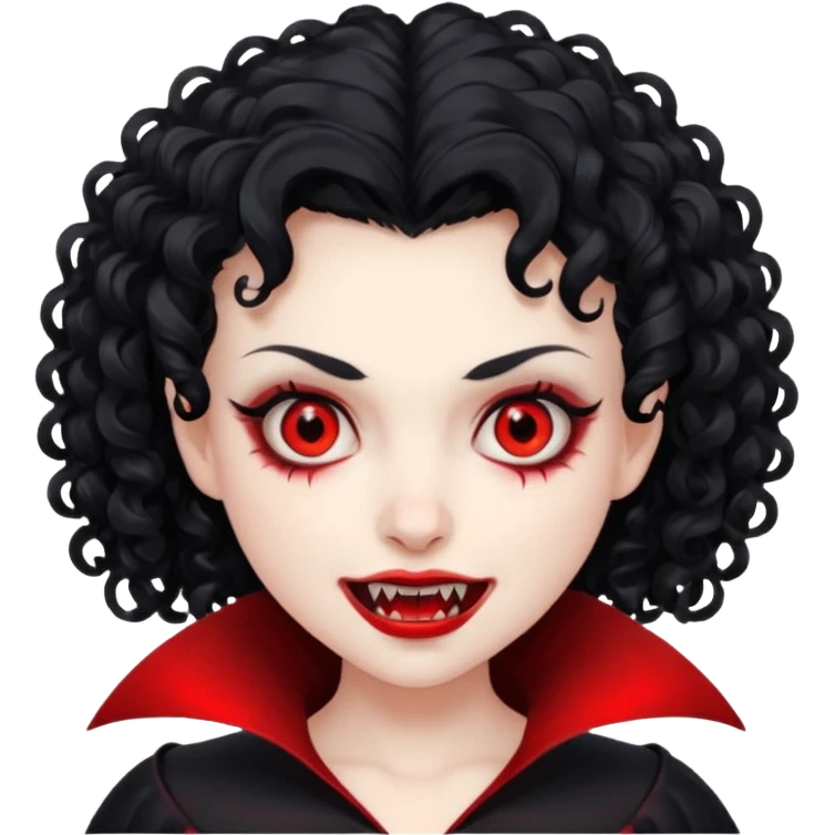 vampiro, cabelos cacheados pretos, pele pálida, olhos vermelhos, sexo feminino emoji