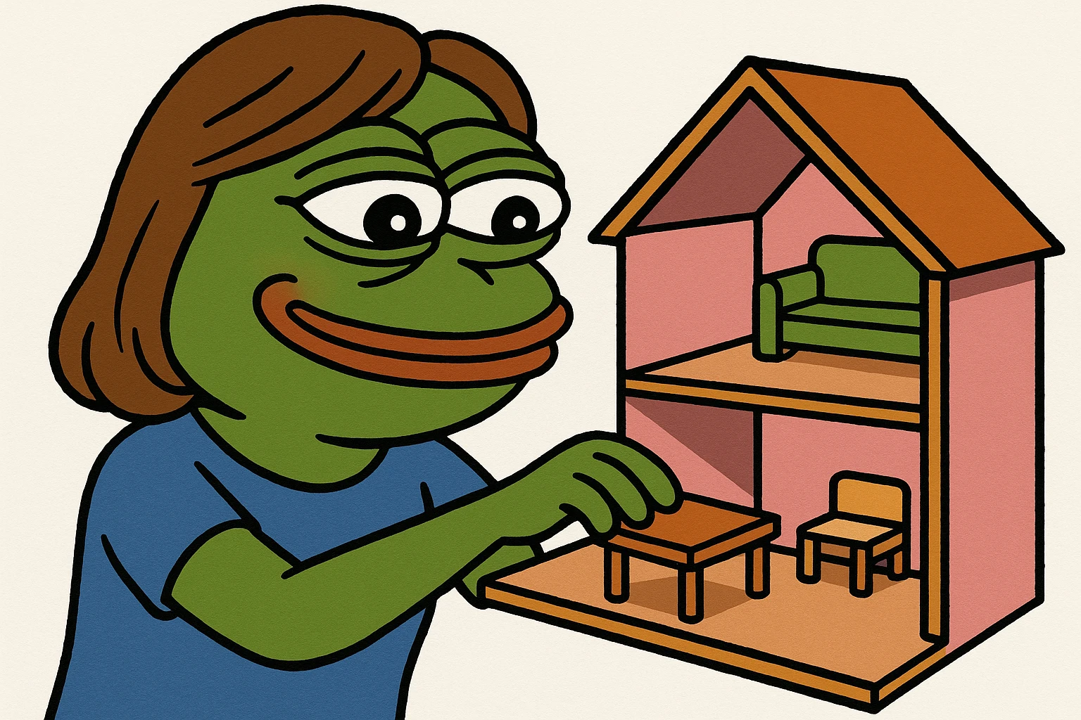 smiling girl arranging furniture in doll house emoji