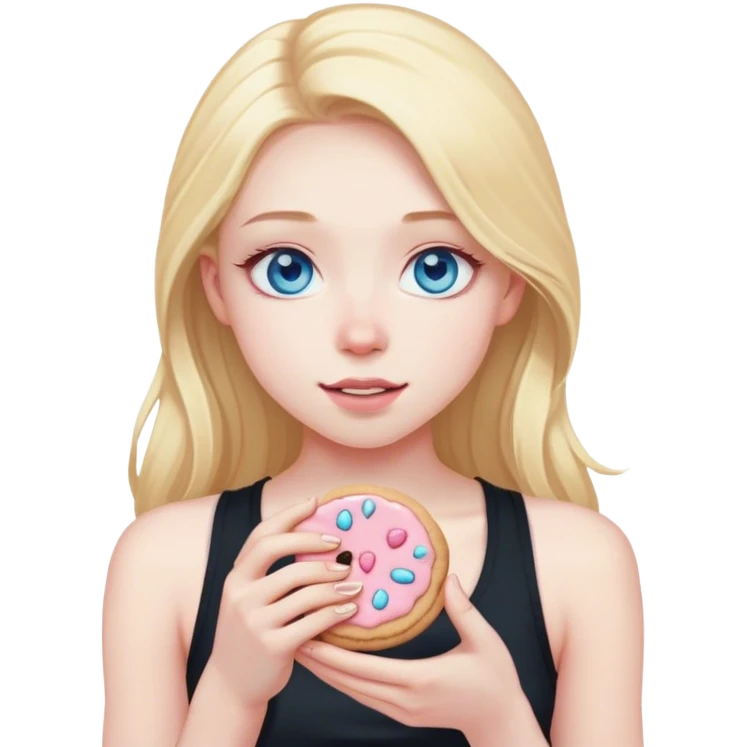 Blonde girl with pale skin and blue eyes and long hair in a black tank top with a light pink cookie emoji