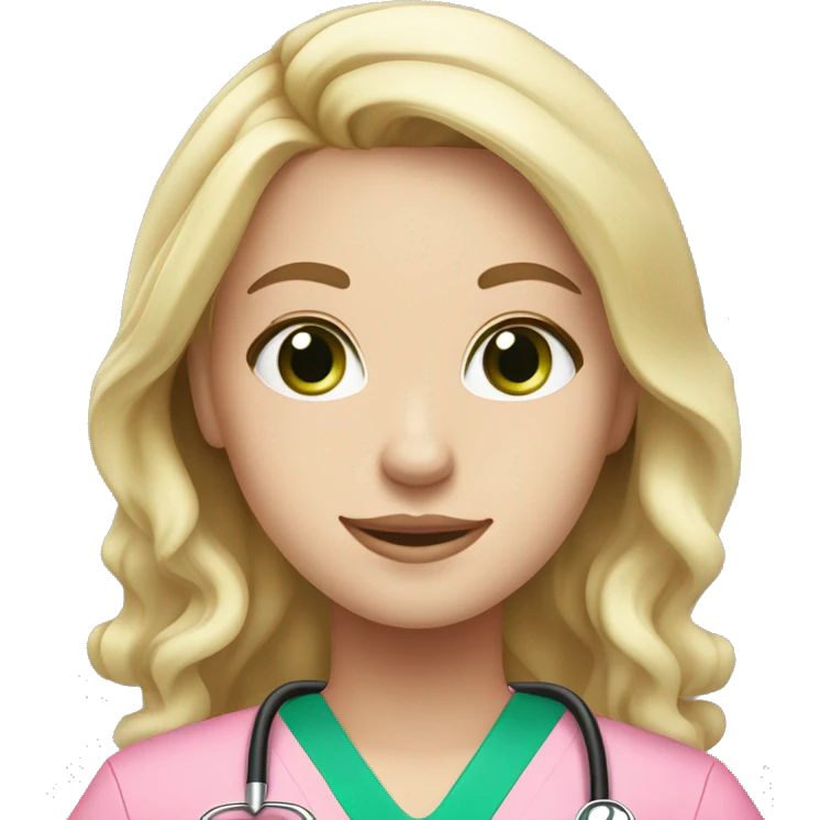 pale blonde girl with long wavy hair and green eyes wearing pink scrubs and stethoscope  emoji