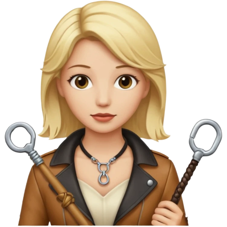 Dominatrix with blonde hair, key necklace, and a whip emoji