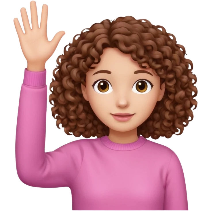 girl with curly brown hair and pink jumper, waving emoji
