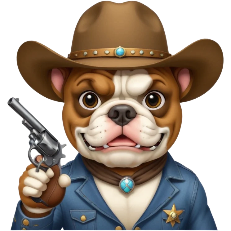 A bulldog wearing a cowboy hat, wearing a mask, pointing a revolver at you and telling you to hand over your money. emoji