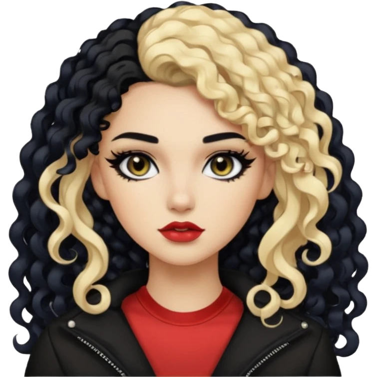 split dye leftside blonde rightside black hair, baddie, pretty makeup, black eyeliner, long and curly hair emoji