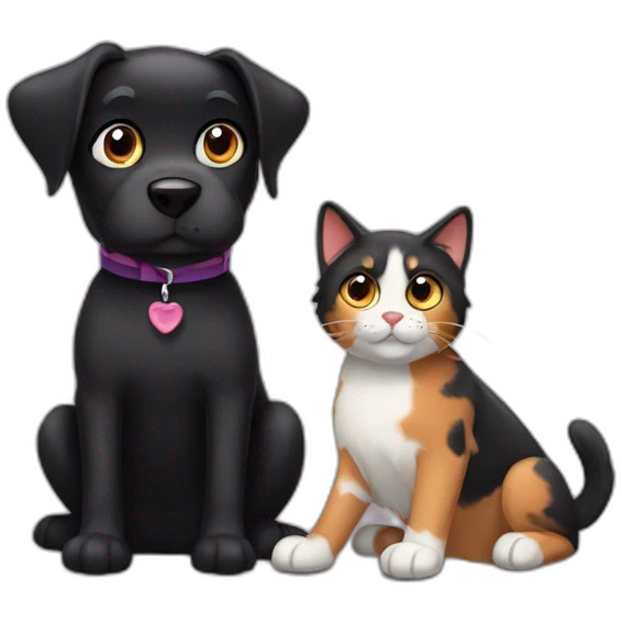 black dog next to calico cat emoji