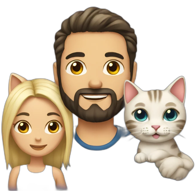 Man dark hair with beard and woman blond hair with tatoos and two cats emoji