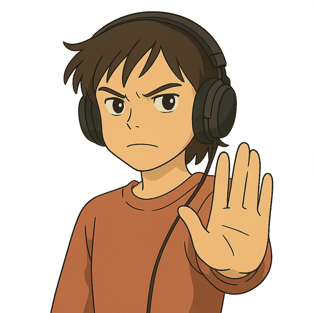ghibli style person in headphones showing a refusal sign emoji