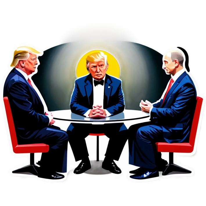 Jesus, Buddha, Musk, Bezos, and Trump in a meeting emoji