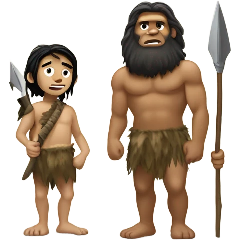 caveman neandrathal with spear standing next to tan boy with long black hair and camoflouge shirt on emoji