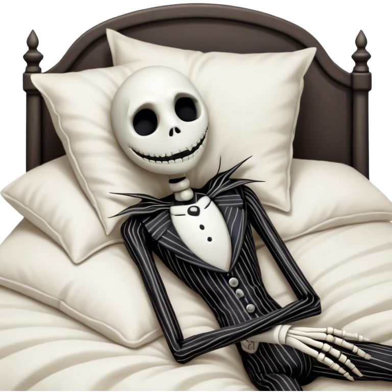 Cinematic 3D ultra realistic 32K HD image of Jack skellington sleeping in bed, stunning detail as though captured in a timeless photograph, rich textures, visually rich, so lifelike that it feels like it could leap off the page at any moment emoji