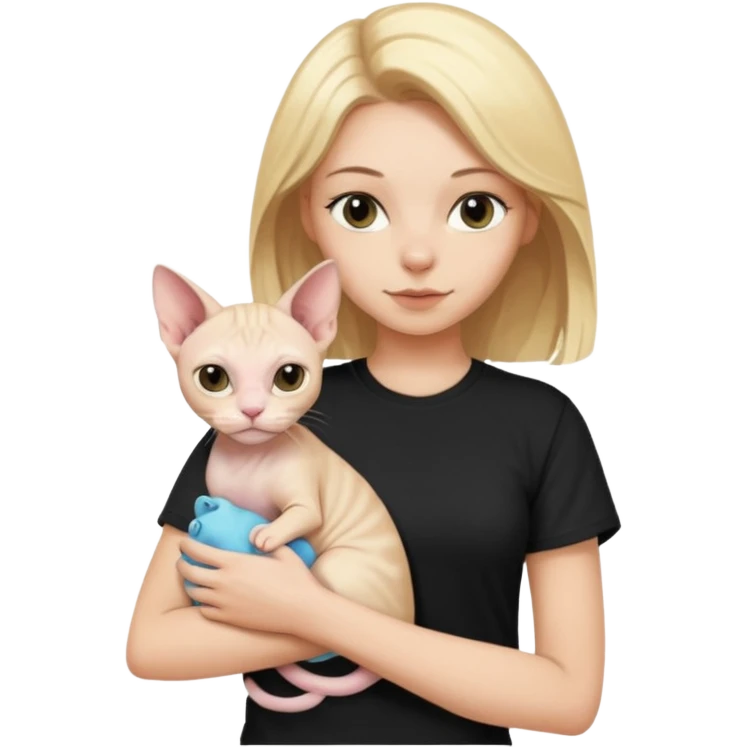 A white girl with blonde hair black T-shirt is holding a white Sphynx cat in her arms emoji