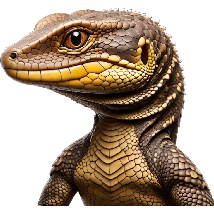 Cinematic Noble brown camo spotted monitor Lizard Portrait Emoji, Poised and regal, with a robust, scaled body exhibiting striking, mottled patterns and piercing, alert eyes, Simplified yet sharp and sophisticated features, highly detailed, glowing with a soft, earthy glow, high shine, intelligent and formidable, stylized with an air of ancient wilderness, focused and commanding, soft glowing outline, capturing the essence of a watchful and confident reptilian guardian that appears ready to stride out of the screen with effortless authority! emoji