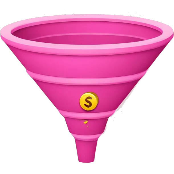 pink sales funnel with 5 levels where people fall in widest level and money fall out from smallest one emoji