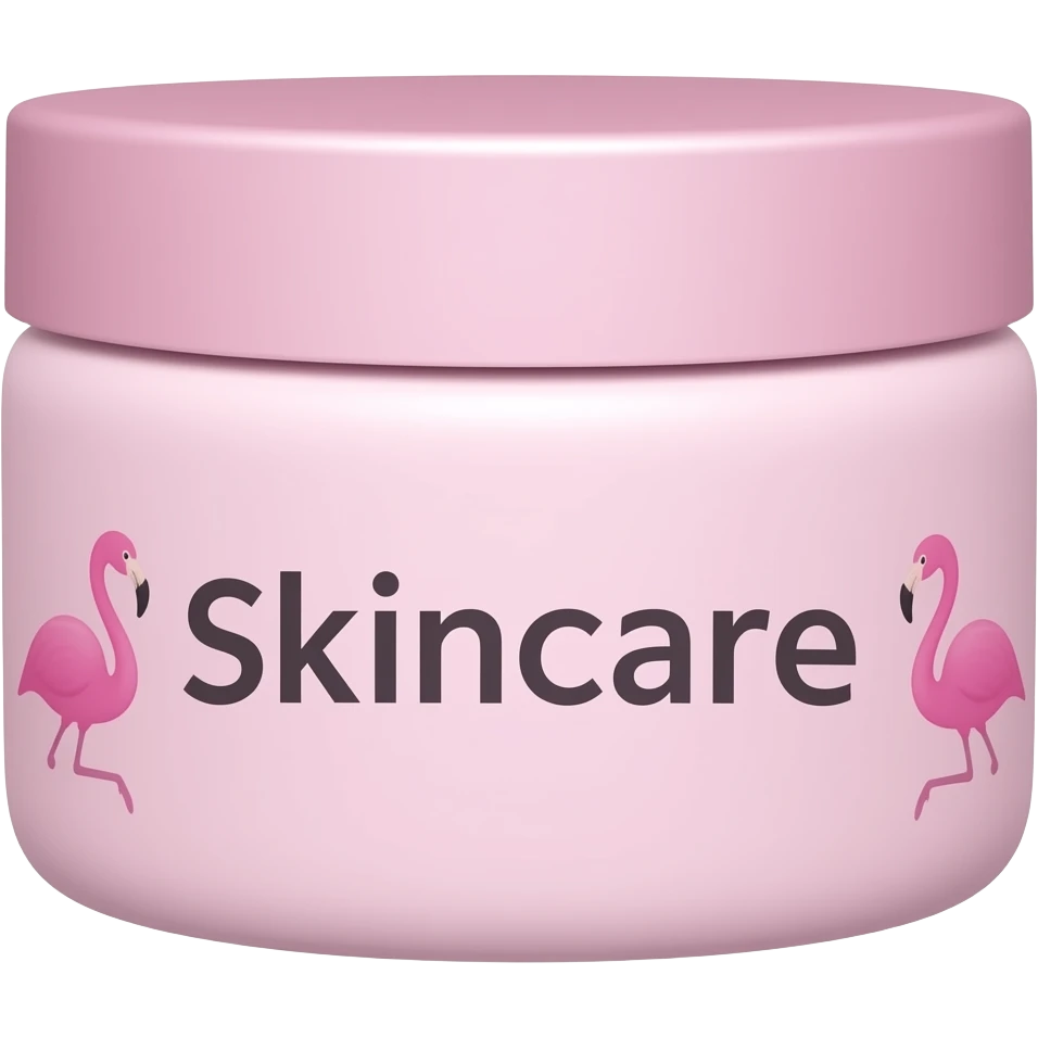 cuidados com a pele rosa com uma estampa com um 🦩 e escrito: Skincare emoji