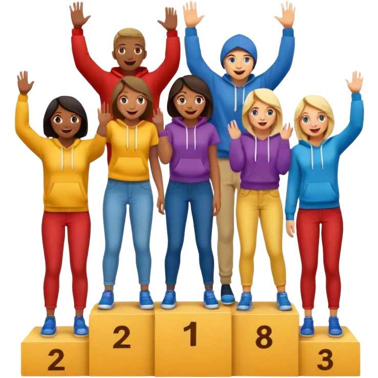 multi-racial group on a winners’ podium with middle step higher no numbers all in colorful jeans t-shirts and hoodies excited fun expressive emoji style emoji