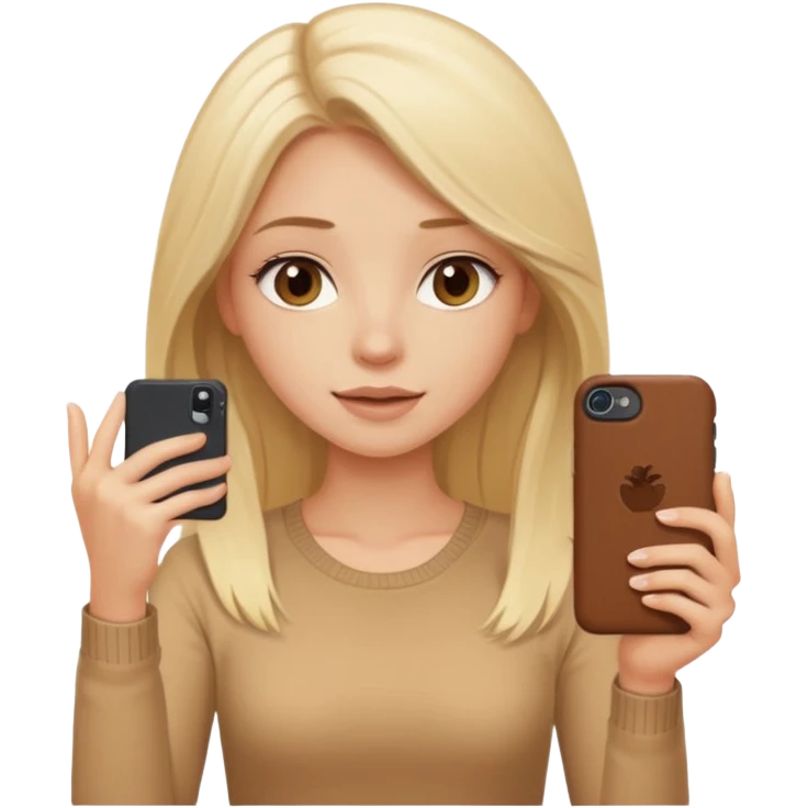  beautiful pale blonde girl with long hair taking selfie on brown case iPhone in beige top emoji