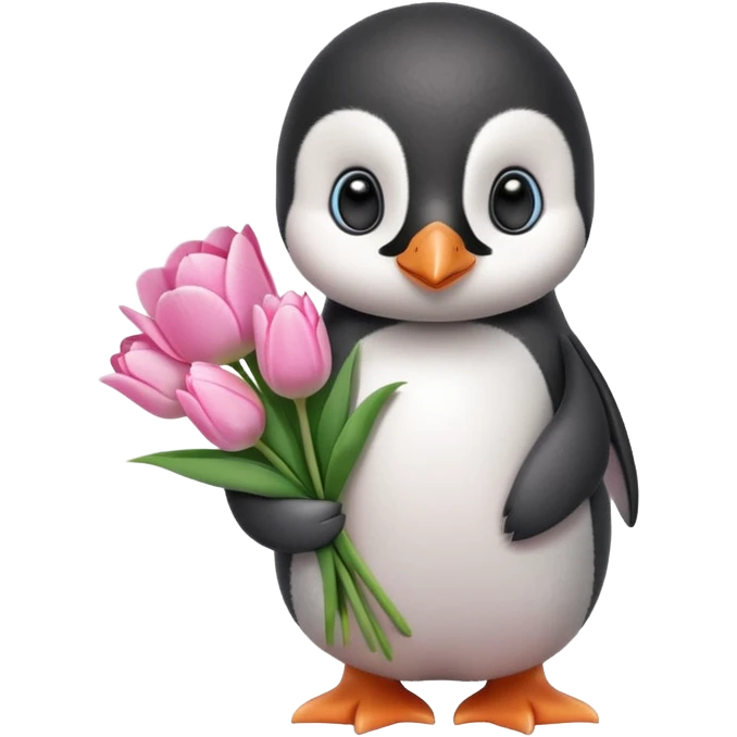 Cute baby penguin holding flower bouquet wraped in white paper and all flowers tulips in pink colour emoji