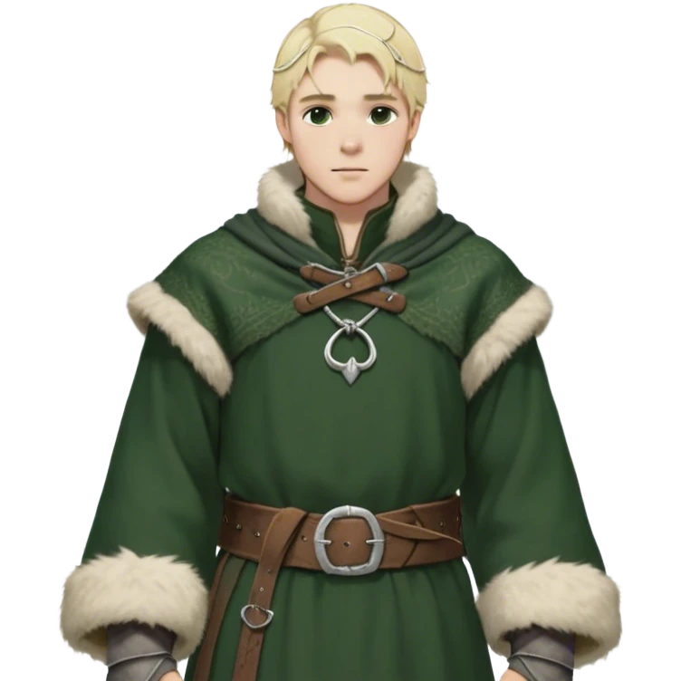 Medieval winter outfit worn by a DnD themed fantasy male character. Double-layered forest green wool tunic with bear fur lining, decorated with pewter toggle closures and a thick woven belt. Clothes only above the waist, full waist coverage. The character has no arms. Character is white-skinned with pale blonde hair, steel gray eyes, and medium-length wavy hair with frost-tipped ends emoji