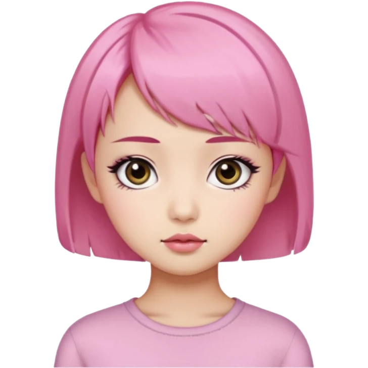 An Asian girl with Fashion pink short hair, big eyes, thick eyebrows, and long eyelashes;  emoji