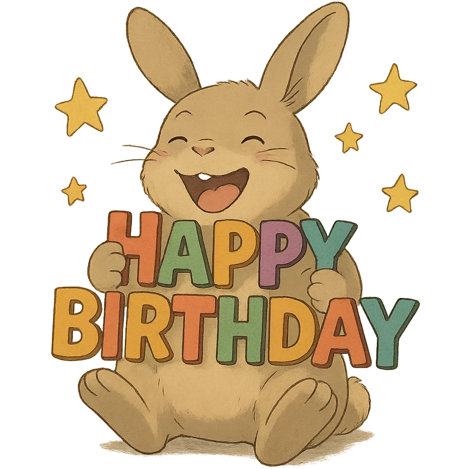 laughing bunny hugging 'Happy Birthday' letters with stars, full body, soft Ghibli style emoji
