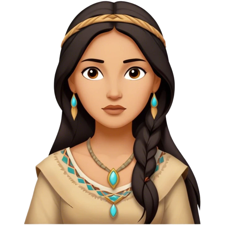 Cinematic Serene Pocahontas Portrait Emoji, rendered in a realistic, simplified vector style. Depict a gentle Pocahontas (chest and above) with warm, glowing skin, loosely flowing dark hair, and a calm, reflective expression, wearing modest traditional attire in earthy hues. The image is bathed in a soft, inviting glow with high shine and a soft glowing outline. emoji