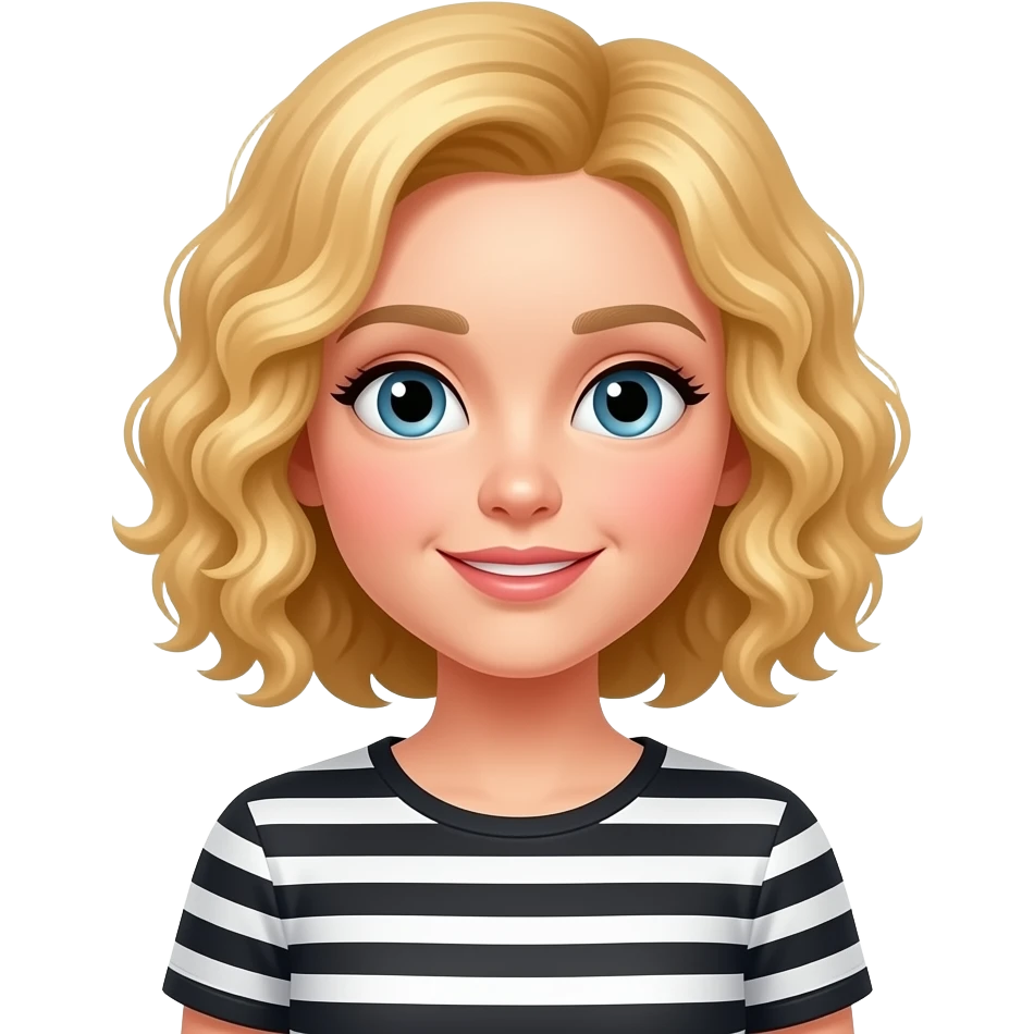blonde curly bob blushing in a black and white stripe shirt emoji
