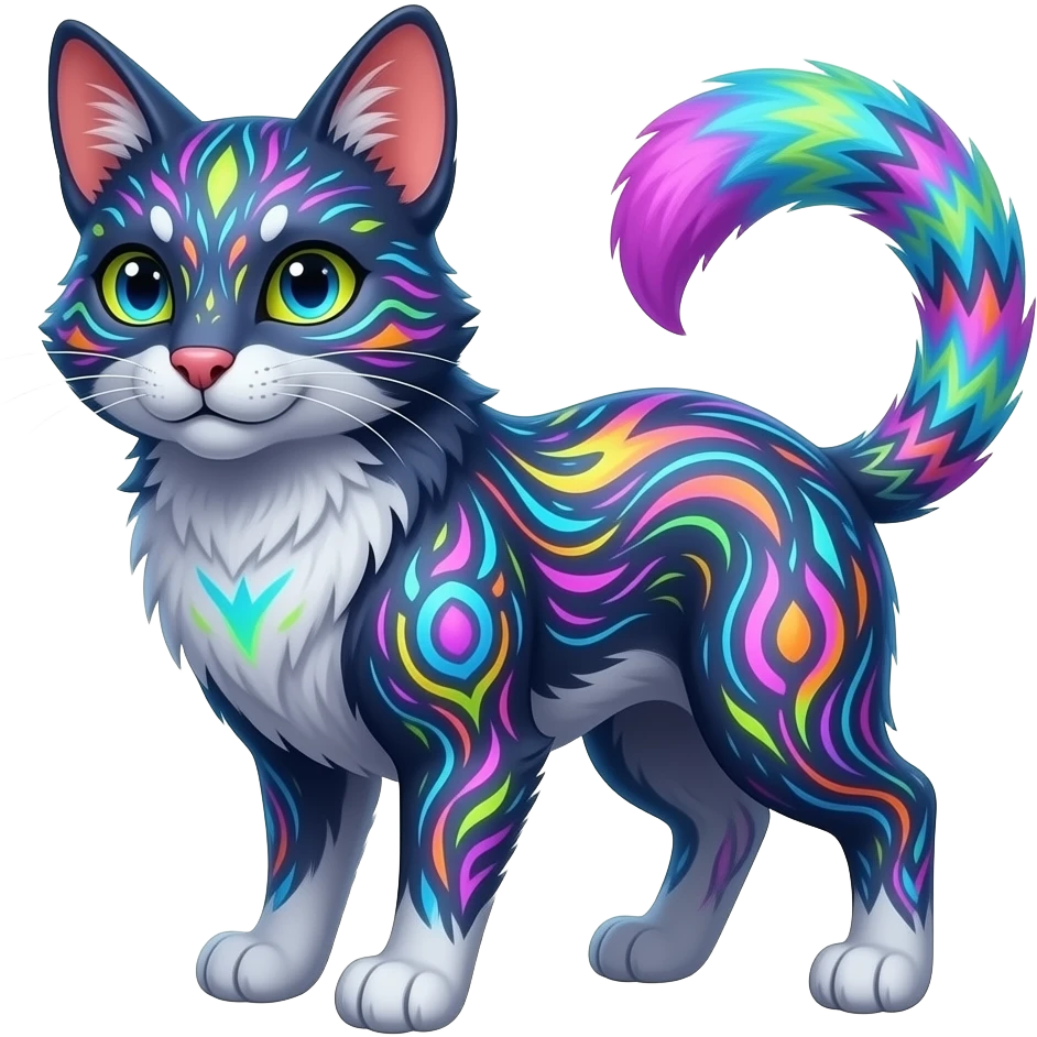 Neon-colored fantasy feline-canid-rodent-marsupial-critter-vernid-fursona animal creature full body with intricate markings emoji