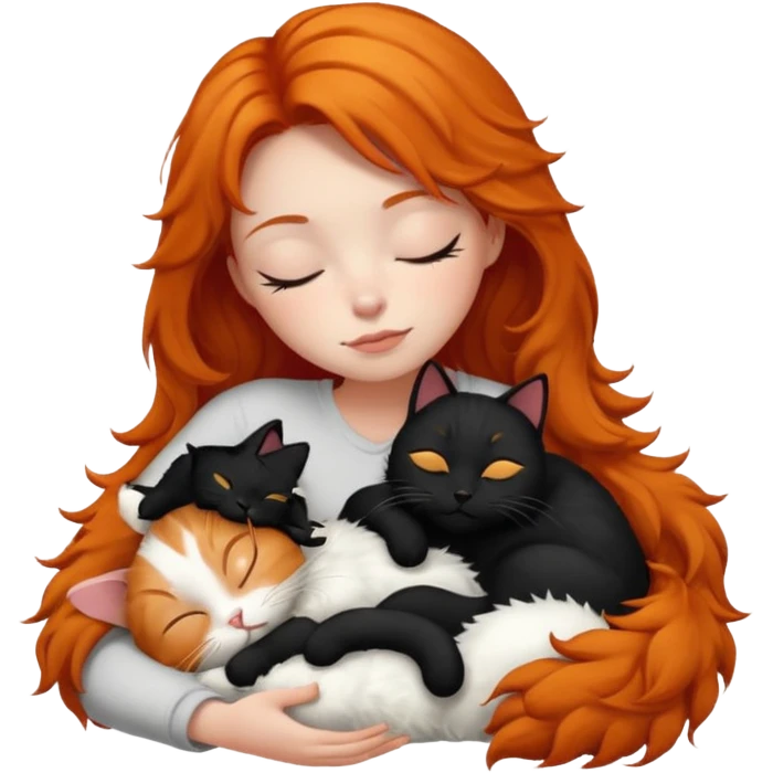short hair Ginger Girl sleeping with a black and a white bigger cat  emoji