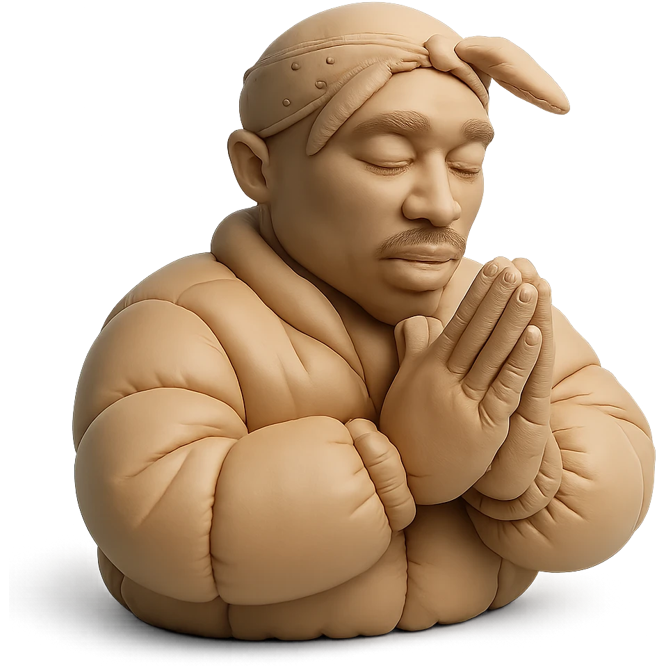 2Pac in classic pose, hands together, wearing a bandana emoji