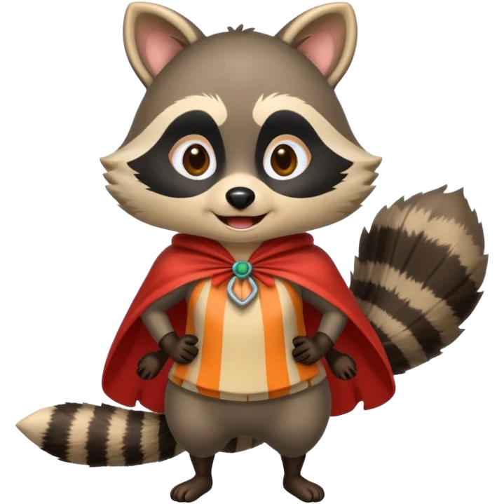 forest emoji woman dressed as raccoon trickster, striped tail cape, playful grin emoji