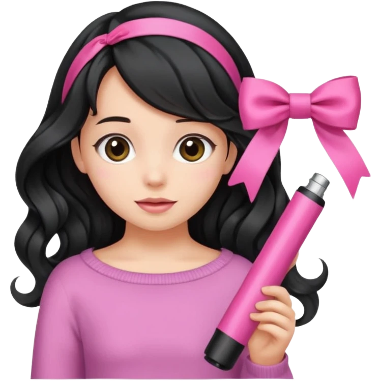 Girl with black wavy not so long hair and a ribbon hair clip make it look like wearing a pink tube emoji