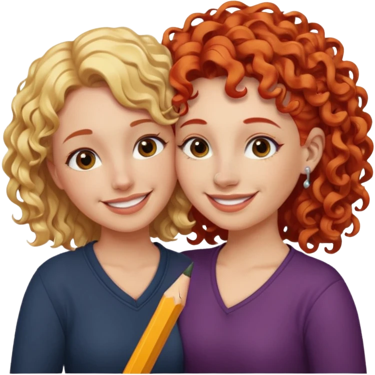 A woman with pencil straight, blonde hair and a nose piercing and a woman with curly red hair and a nose piercing are hugging and smiling together. emoji