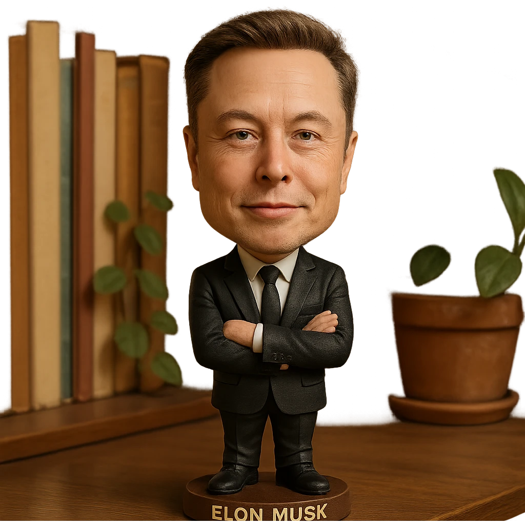 realistic features bobblehead of Elon Musk wearing a suit and tie emoji