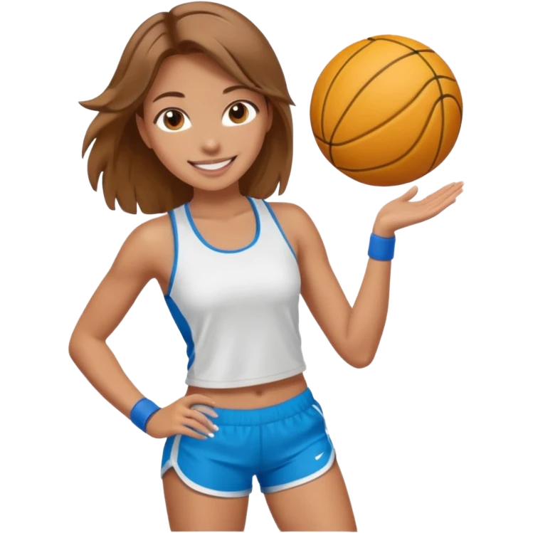 sporty and fit girl with light brown hair in shorts and with a beautiful face emoji