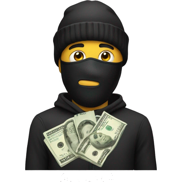 Man emoji with a black beanie a robber mask and a bag of money emoji