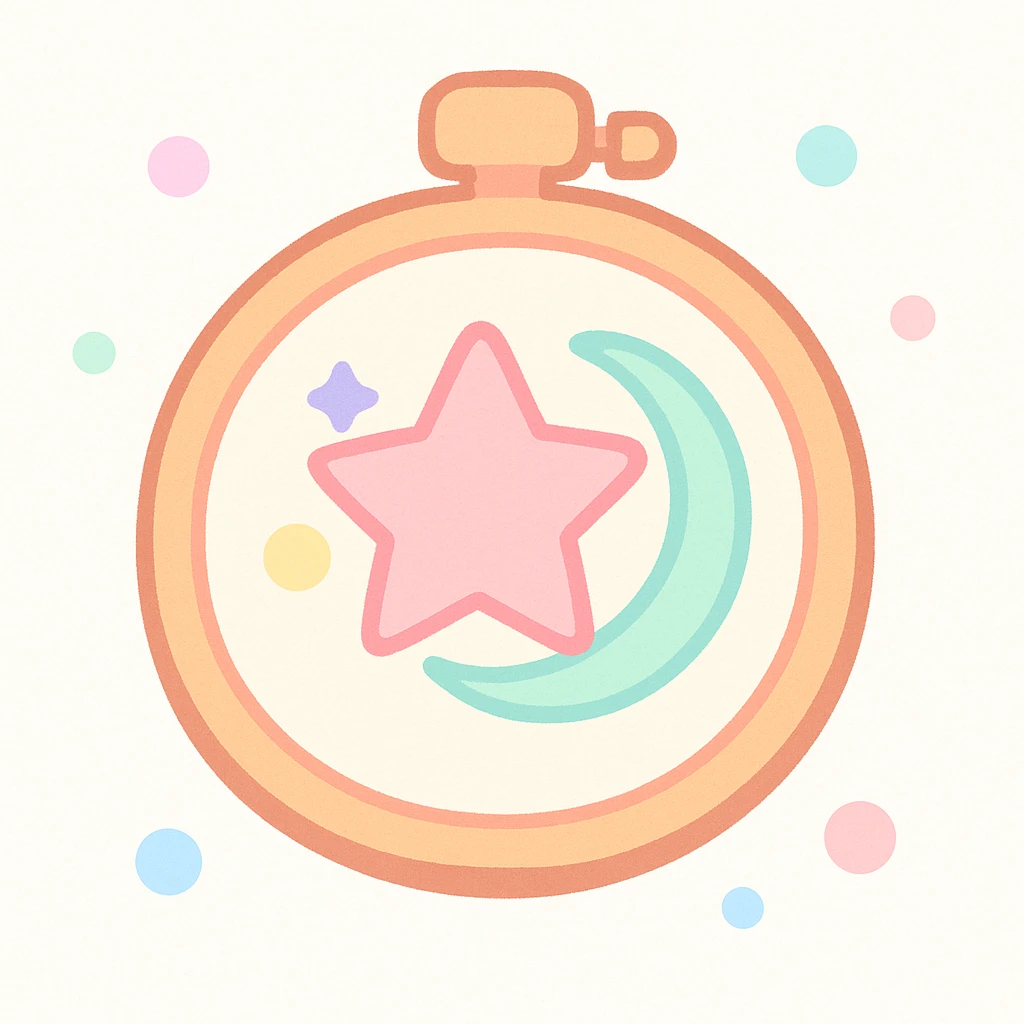 an embroidery frame with a magical symbol embroidered, Animal Crossing style, gentle colors, cozy vibe emoji