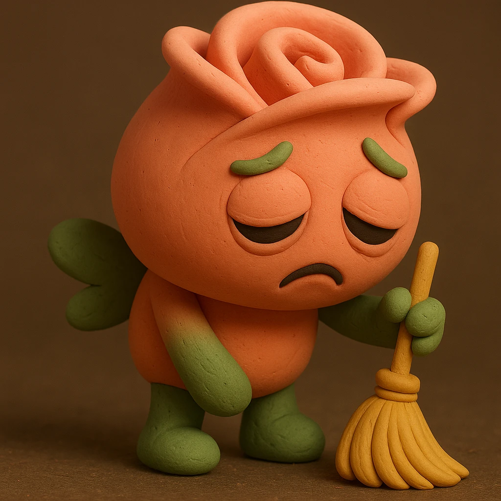 Change the hand color to green, keeping everything else the same. Maintain the claymation style, soft pink rose flower character with droopy eyes, exhausted face, slumped posture, and tiny broom. emoji