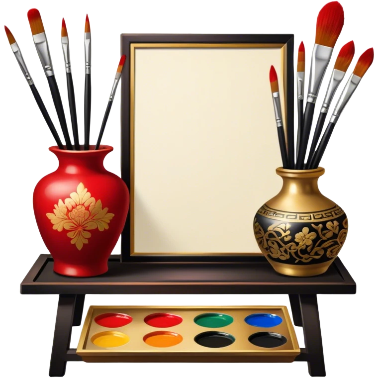 Chinese metal painting icon, delicate Chinese patterns painted on a metal vase, visible fine paintbrush, paint pots, and accessories like porcelain palette and cloth, vibrant colors like red, gold, and black, minimalistic style, clean lines, transparent background. emoji