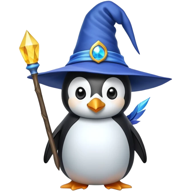 Penguin wearing a wizard hat and holding a magic wand emoji