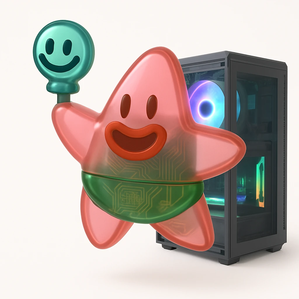 A futuristic desktop computer with glowing components visible through the case emoji