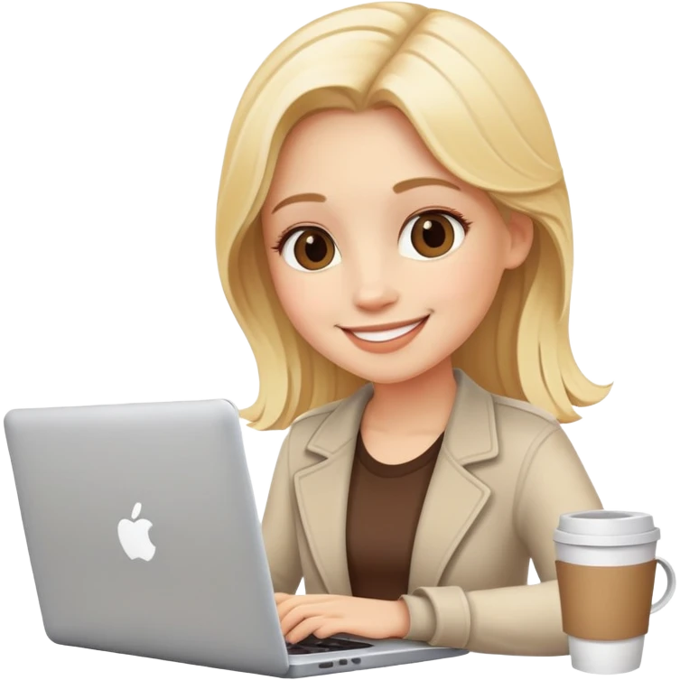 Blondie Girl with a laptop and coffee smiling emoji