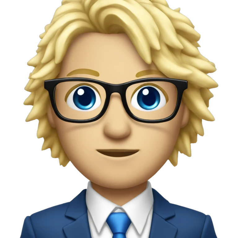 make a blue suit with spikes on the shoulders with a white blouse and a blue tie with the European flag on it person with blonde hair and black glasses emoji