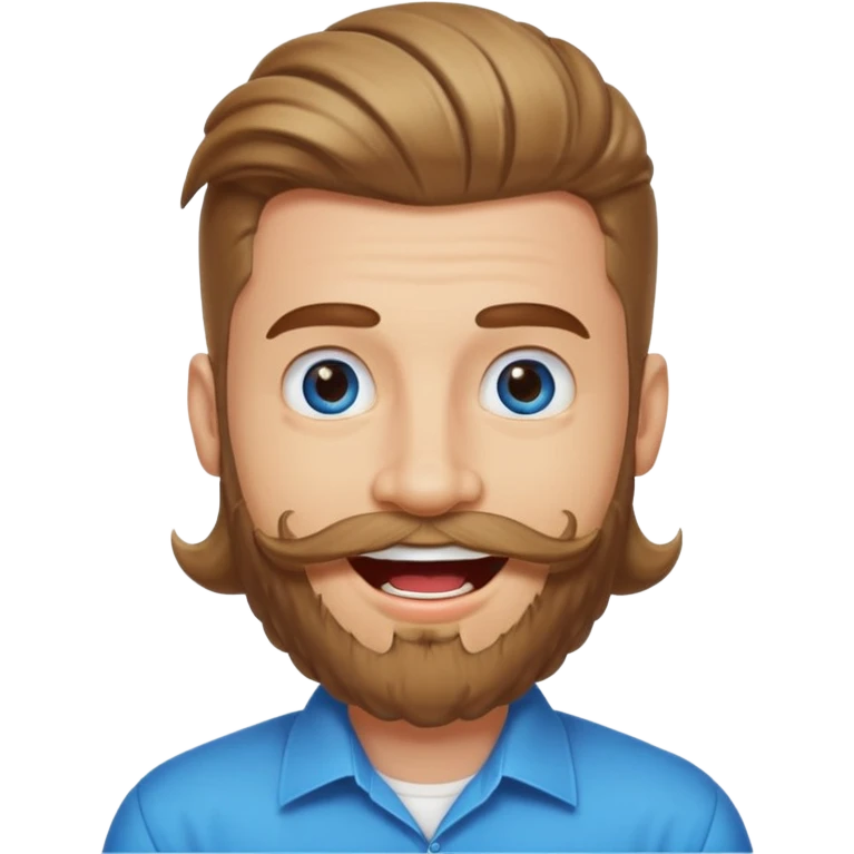 25 year old man, manicured beard, moustache and flavor savor, brown puffy mullet, blue eyes, big smile, white teeth, big lips, pronounced jaw emoji