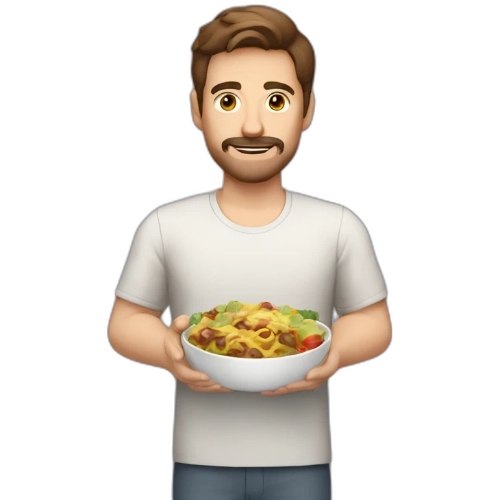 brown hair white guy with little mustache and goatee with meal in hands emoji