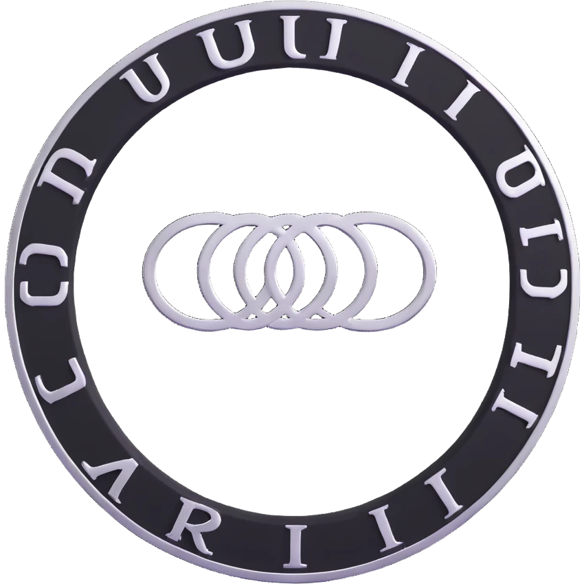 3D circular pattern with white "Audi" text in the center, silver and black color scheme, modern style emoji