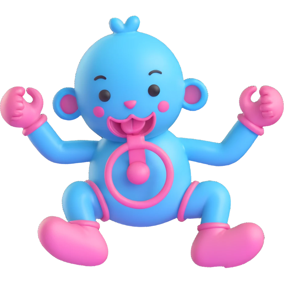 3D cartoon pacifier with arms and legs, mostly baby blue with pink accents, mischievous face emoji