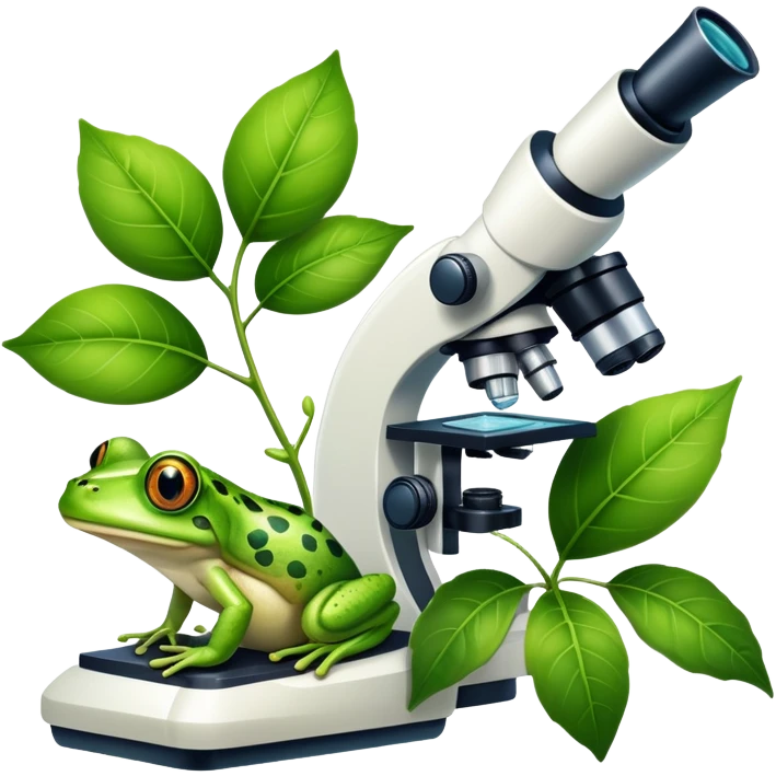 An icon featuring a DNA strand, a microscope, and a green leaf, symbolizing biology. The design includes animal cells, plant structures, and a frog, representing the study of living organisms and ecosystems. Transparent background highlights life sciences and biological research. emoji