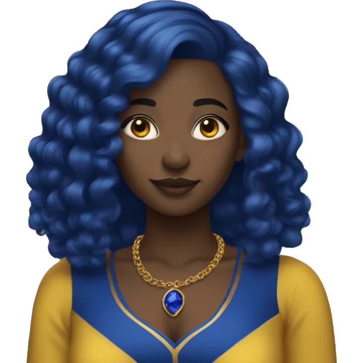 1 Black Girl with straight royal  blue hair with yellow gold and royal blue dress emoji