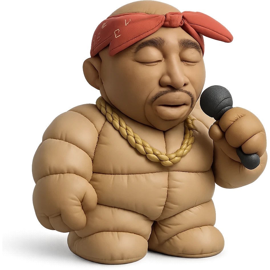 2Pac with microphone, gold chain, and bandana emoji