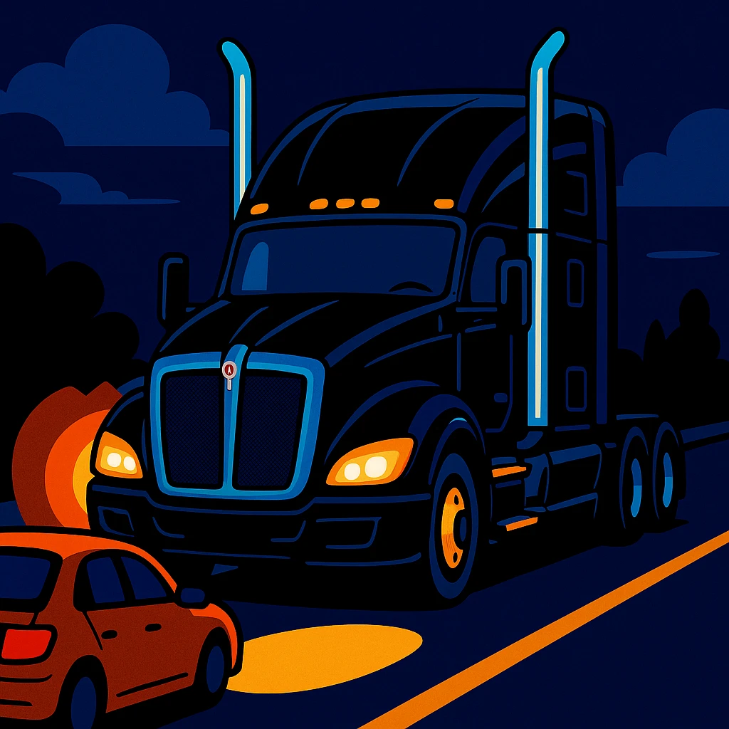 2026 Black Kenworth T680 Sleeper semi truck with tall chrome muffler stacks, headlights on, driving down a road with a car in front, stylized illustration, night scene emoji